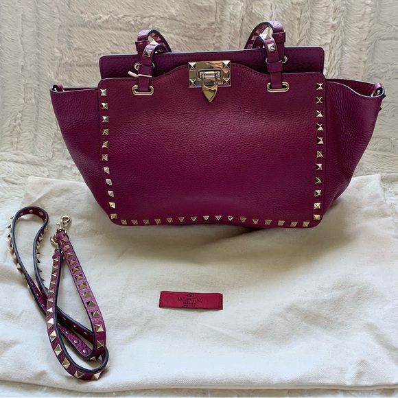 VALENTINO GARAVANI Rockstud Small GRAINY CALF SKIN Tote in MAGENTA - Picture 3 of 16